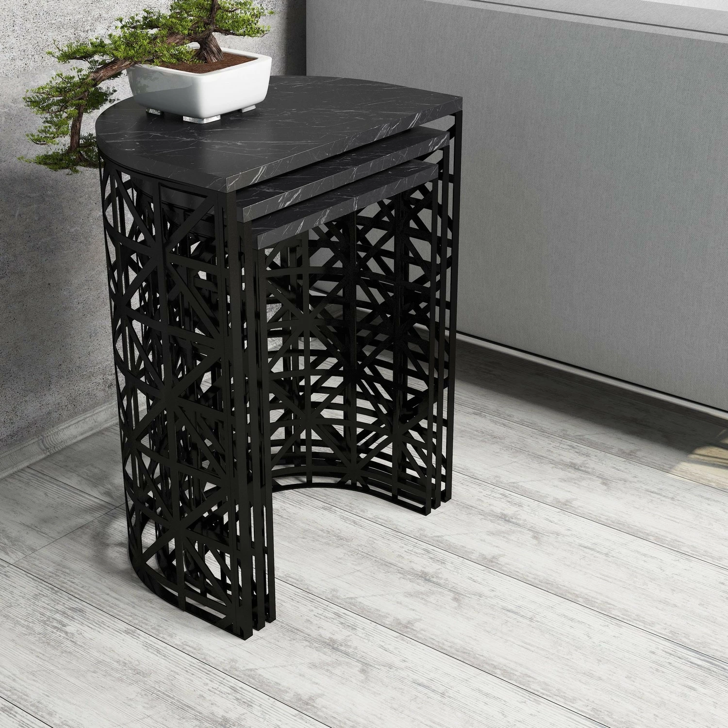 Set tavolinash të mbivendosura Hanah Home, stil, mermer i zi (3 copë)