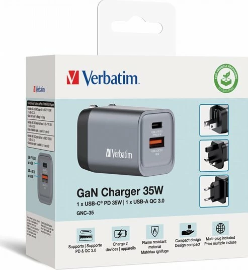Karikues muri Verbatim GaN 35W 32200, USB-C PD 3.0 + USB-A QC 3.0, set me priza EU/UK, argjendtë