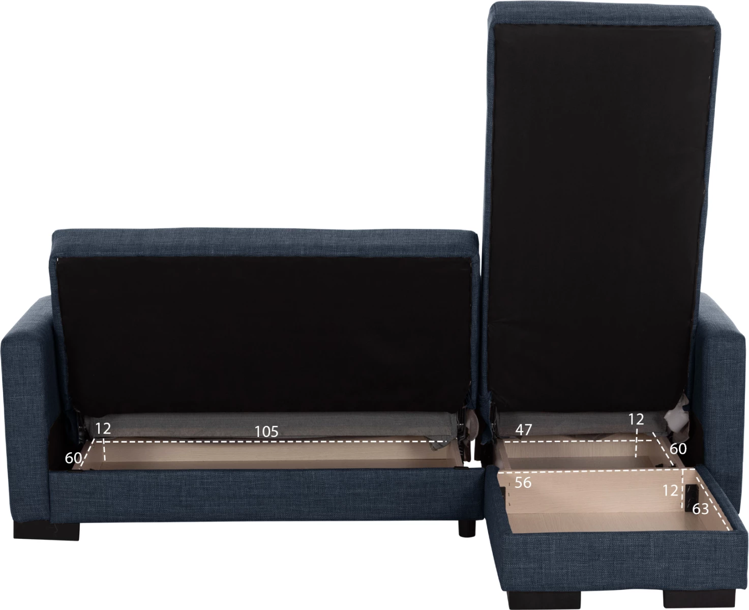 Divan qoshe me shtrat GHUFRAN FH3244.07, i kthyeshëm me hapësirë magazinimi, pëlhurë blu, 200x133x77 cm