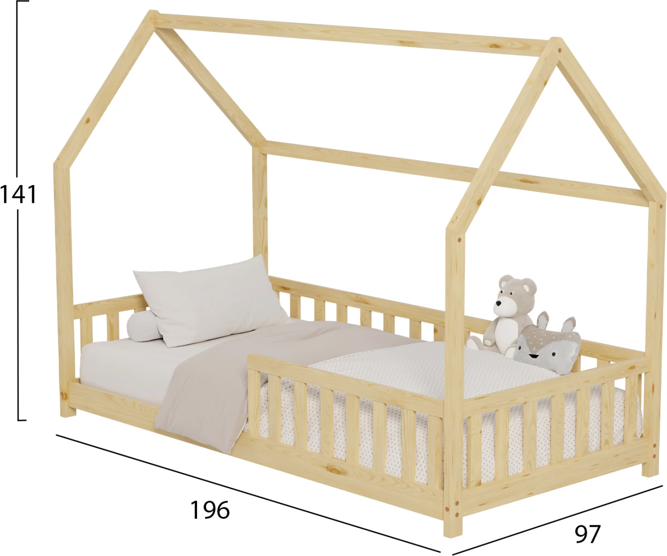 Krevat për fëmijë me gardh PHYLLIS FH679.01 t.MONTESSORI dru pishe i fortë në ngjyrë natyrale - 190x90cm