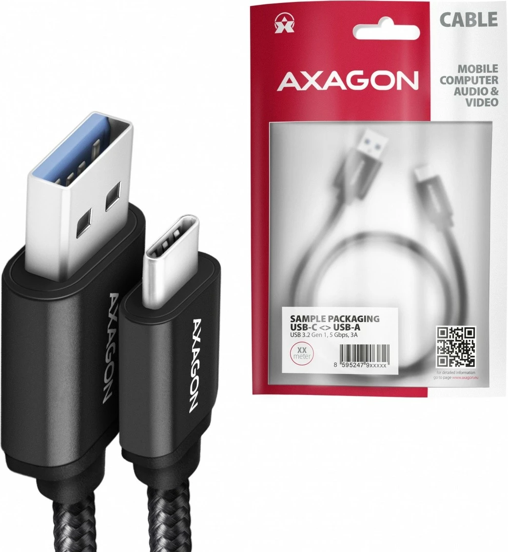 Kabllo AXAGON BUCM3-AM20AB USB-C në USB-A, 2m, 3A, i mbështjellë me najlon, Zi