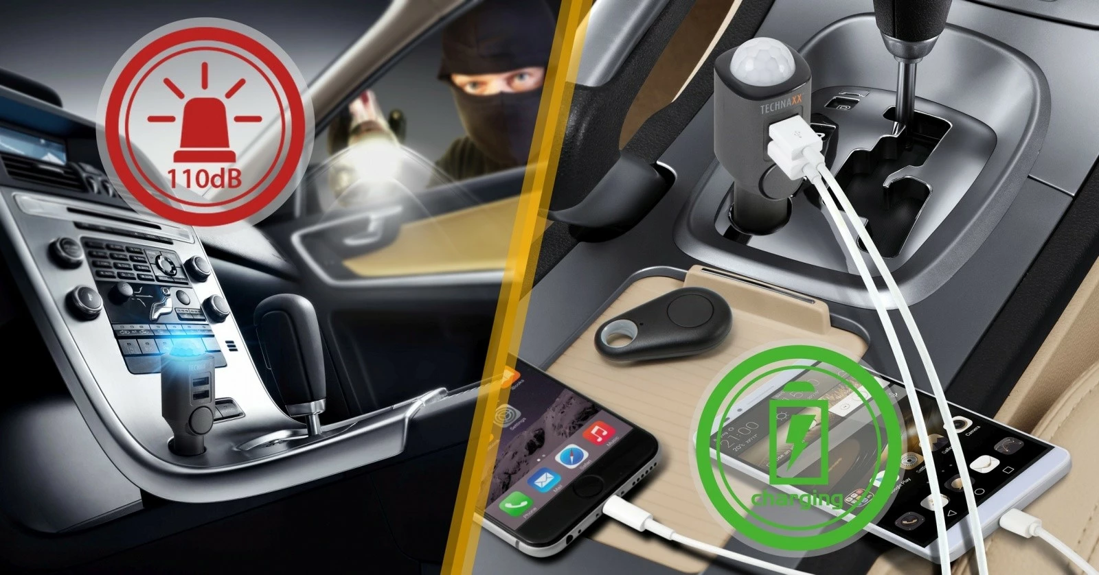 Alarm veture Technaxx TX-100 me 2 porta USB, Gri