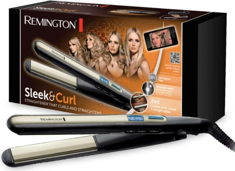 Drejtues flokësh, Remington, S6500 Sleek & Curl, veshje Advanced Ceramic, ekran digjital, e zezë/ari