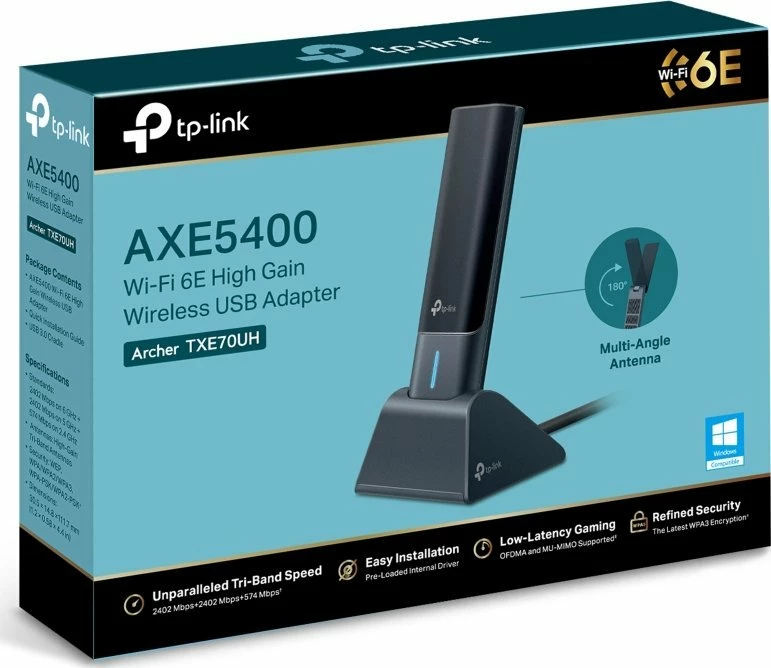 Kartë rrjeti Wi‑Fi USB TP-Link Archer TXE70UH AXE5400 Wi‑Fi 6E Tri‑Band USB 3.0, e zezë