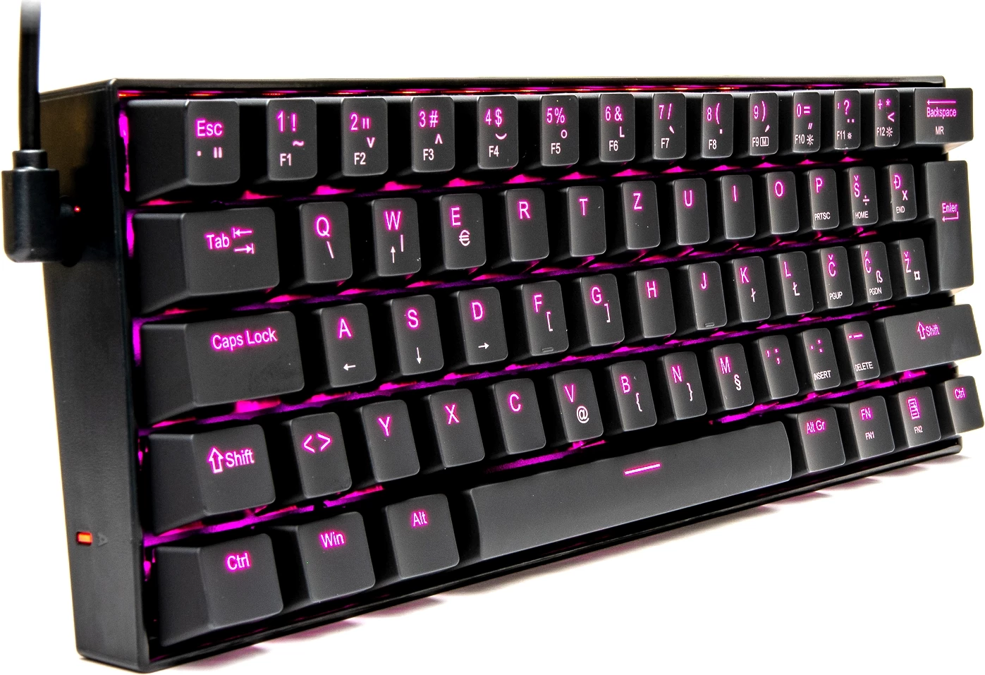Tastierë mekanike gaming Redragon Dragonborn K630 60% (61 taste), switch Brown, USB-C me kabllo të çmontueshme, ndriçim njëngjyrësh rozë, SLO/CRO, e zezë, set me kabllo & vegël