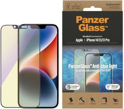 Xham mbrojtës PanzerGlass Ultra-Wide Fit me filtër dritës blu dhe EasyAligner për iPhone 14/13 Pro/13