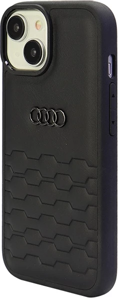 Mbështjellës Audi GT për iPhone 15 Plus, lëkurë sintetike, i zi