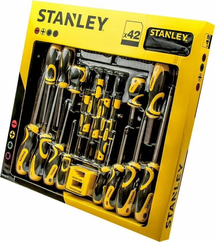 Set kaçavidash Stanley STHT0-62113, 42 copë, me bitë + mbajtës, magnetizues/demagnetizues dhe çantë, zi/verdhë