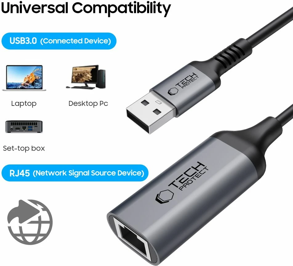 Adapter USB-A 3.0 në Ethernet Tech-Protect UltraBoost, 1000Mbps, i zi
