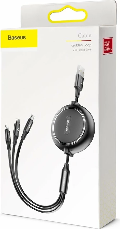 Kabllo zgjatshme 3-në-1 Baseus Golden Loop CAMLT-JH01, USB - micro USB / Lightning / USB-C, 1.2m, e zezë