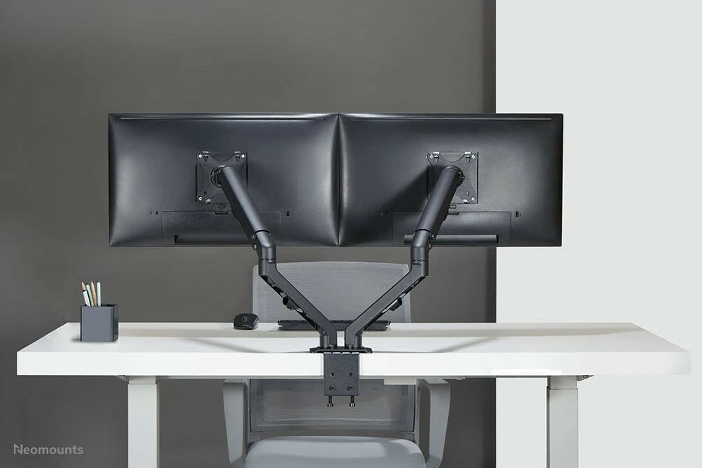 Krah monitori Neomounts FPMA-D650DBLACK, për 2 monitorë, 17-27 inç, rregullim lartësie me gas spring, ngjyrë e zezë