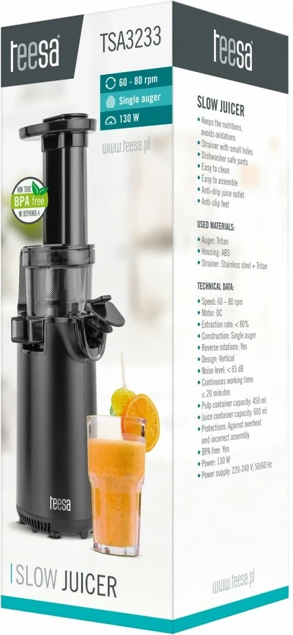 Shtrydhëse frutash dhe perimesh TEESA TSA3233, 600 ml, e zezë, me aksesorë