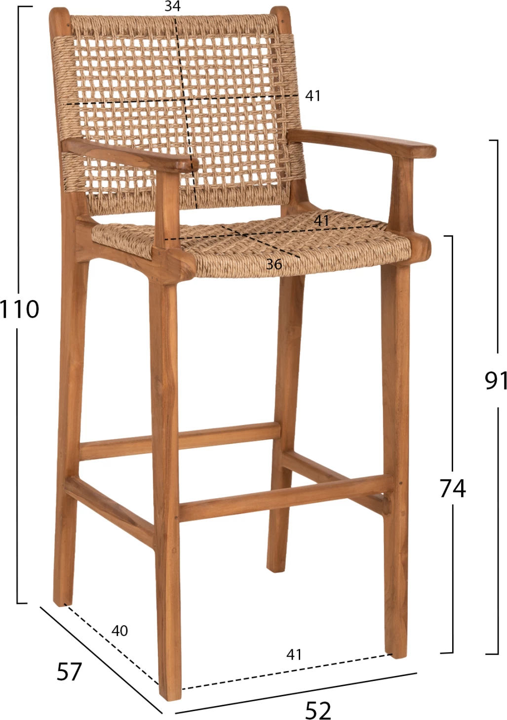 Karrige për bar me krahë TEO FH9807 dru tik dhe litar ngjyrë natyrale 52x57x110Hcm