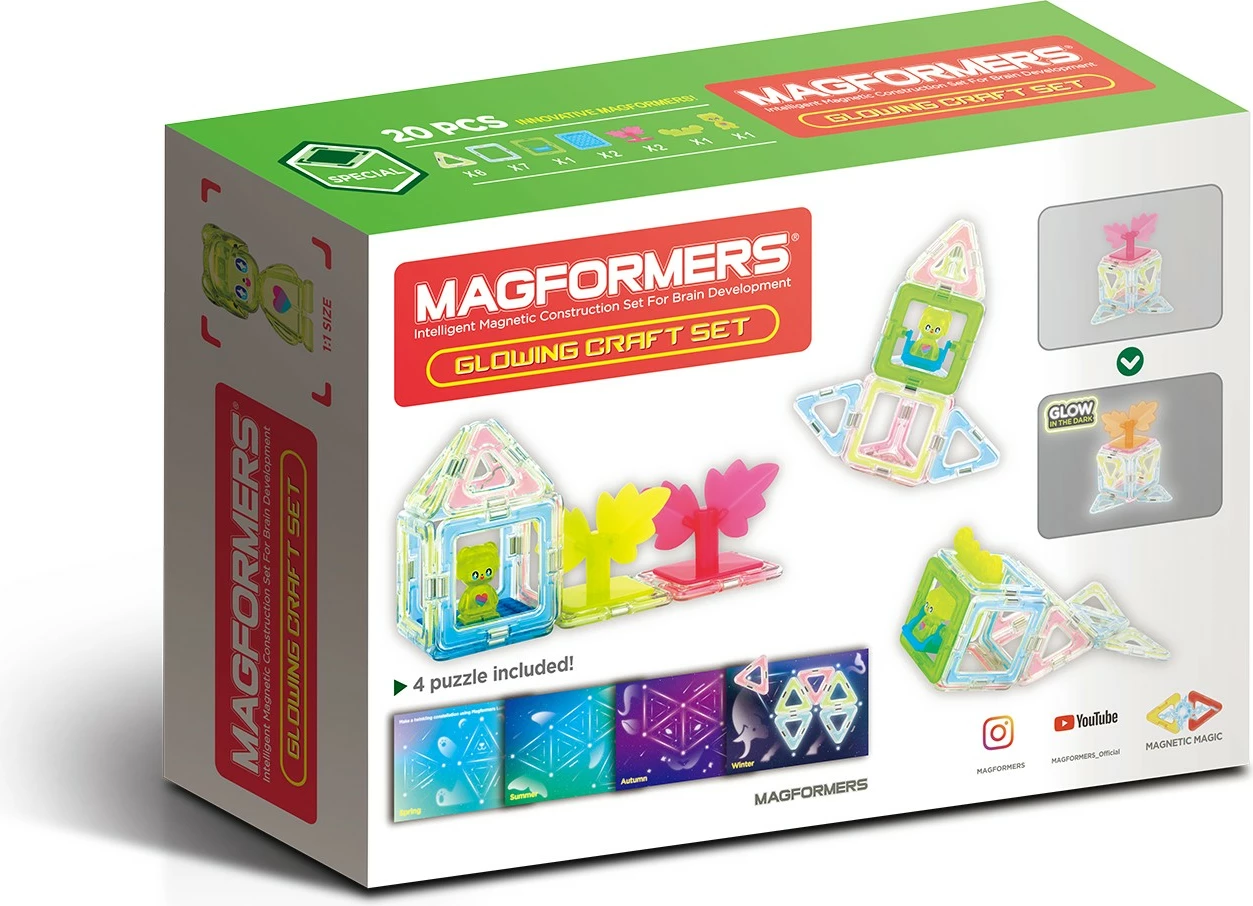 Set lodrash magnetike Magformers Glowing Craft 20 elemente, që ndriçojnë në errësirë