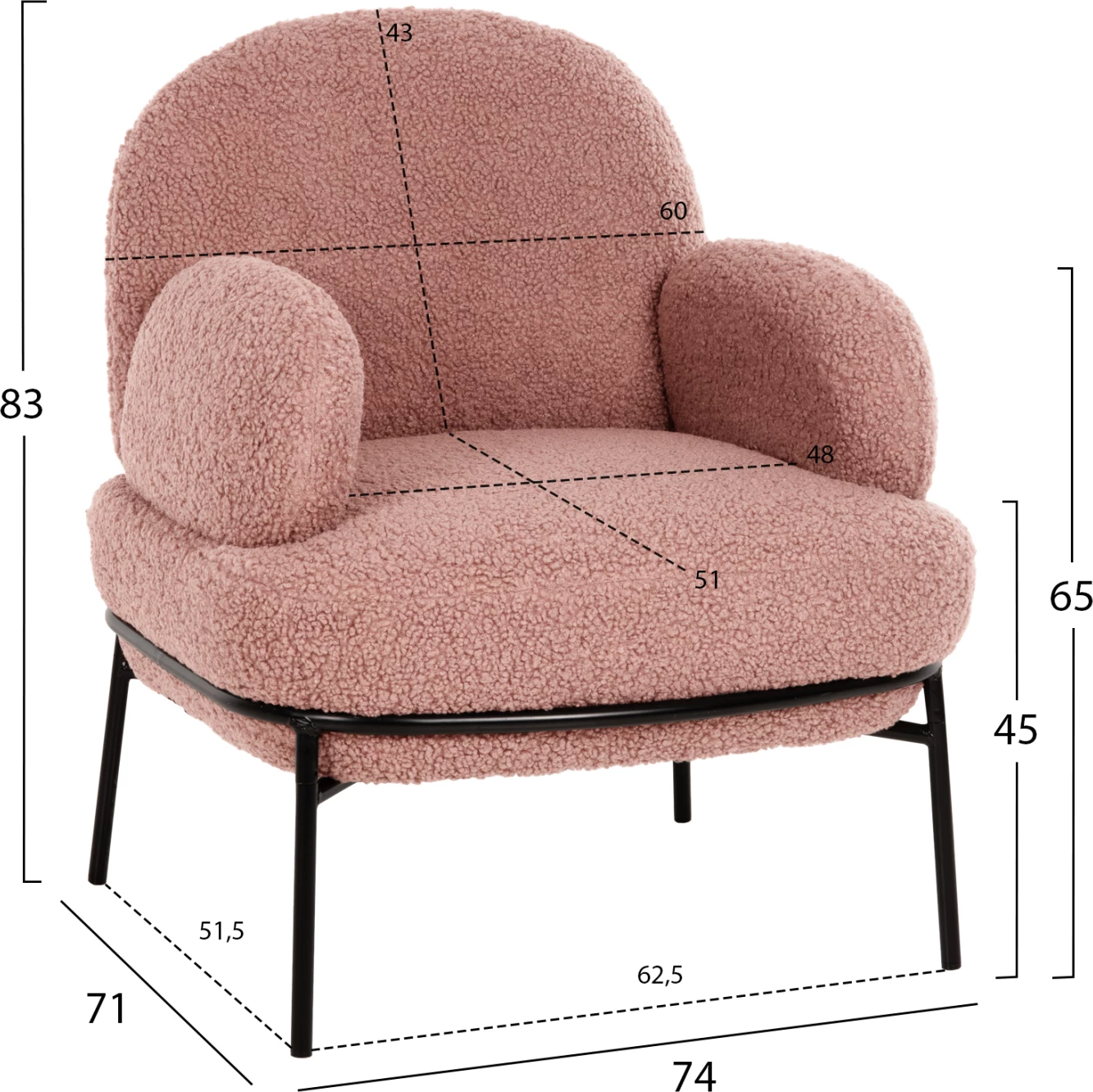 Fotelje AGNES, pëlhurë boucle rozë e zbehtë, këmbë metalike të zeza, 74x71x83 cm