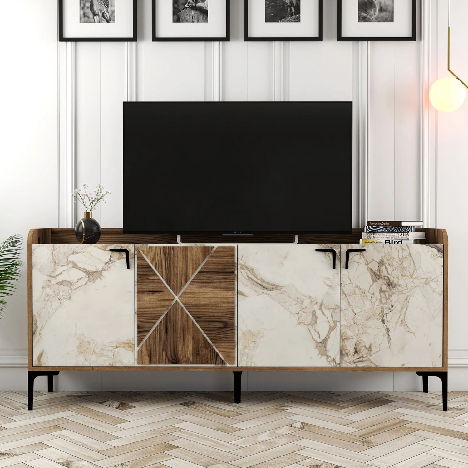 Bufe melamine, pamje arre dhe mermer të bardhë, 180x35x78H cm, FH9433.02