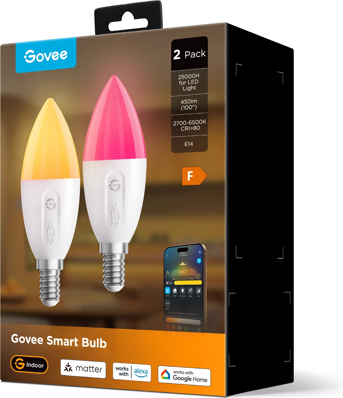 Poç LED smart Govee E14 RGBWW 450 lm, set 2 copë