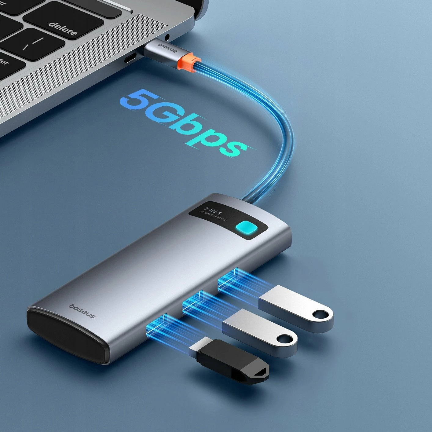 Hub USB-C Baseus Metal Gleam 7n1, HDMI 4K@60Hz, 3x USB 3.0, USB-C PD 100W, SD/microSD, gri