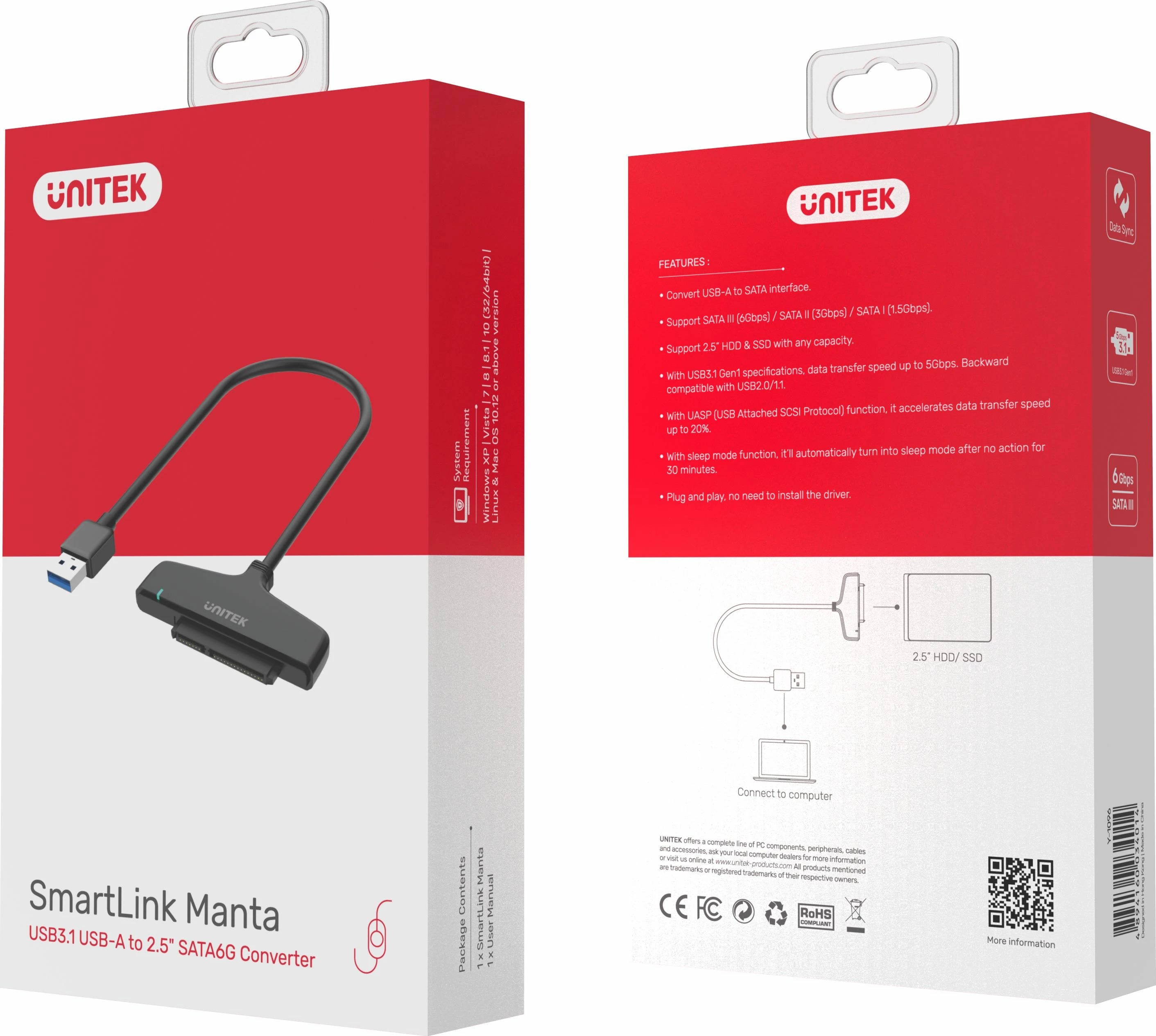 Adapter USB 3.0 në SATA III Unitek Y-1096 për HDD/SSD 2.5", i zi