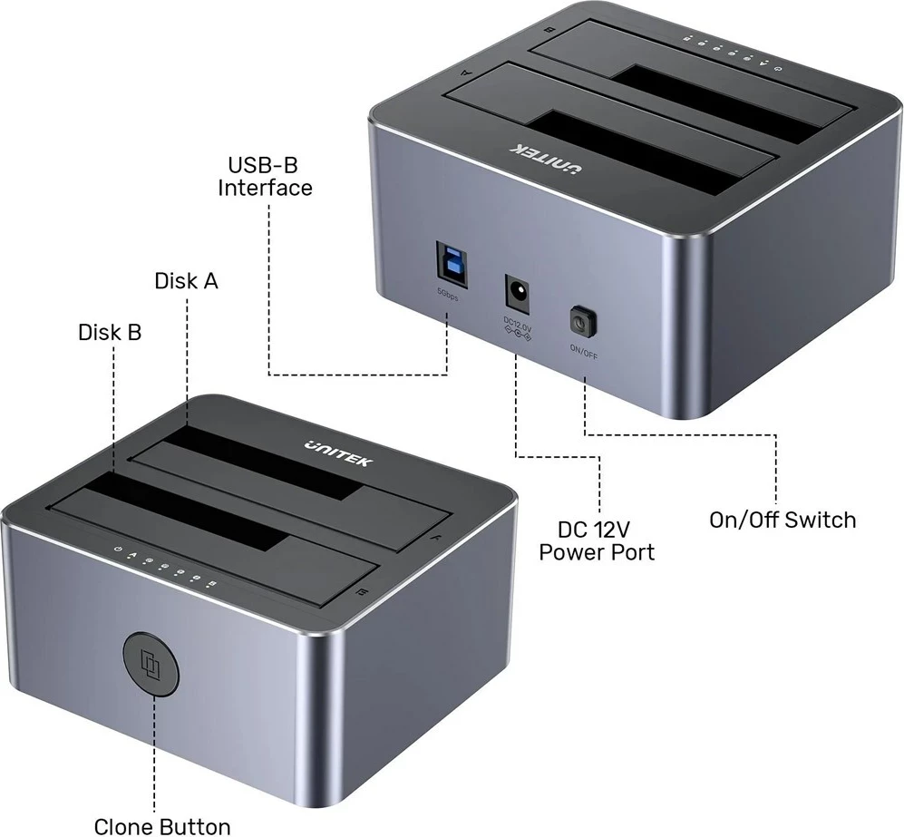 Stacion klonimi UNITEK, 2x SATA 2.5"/3.5", USB 5GB, Gri