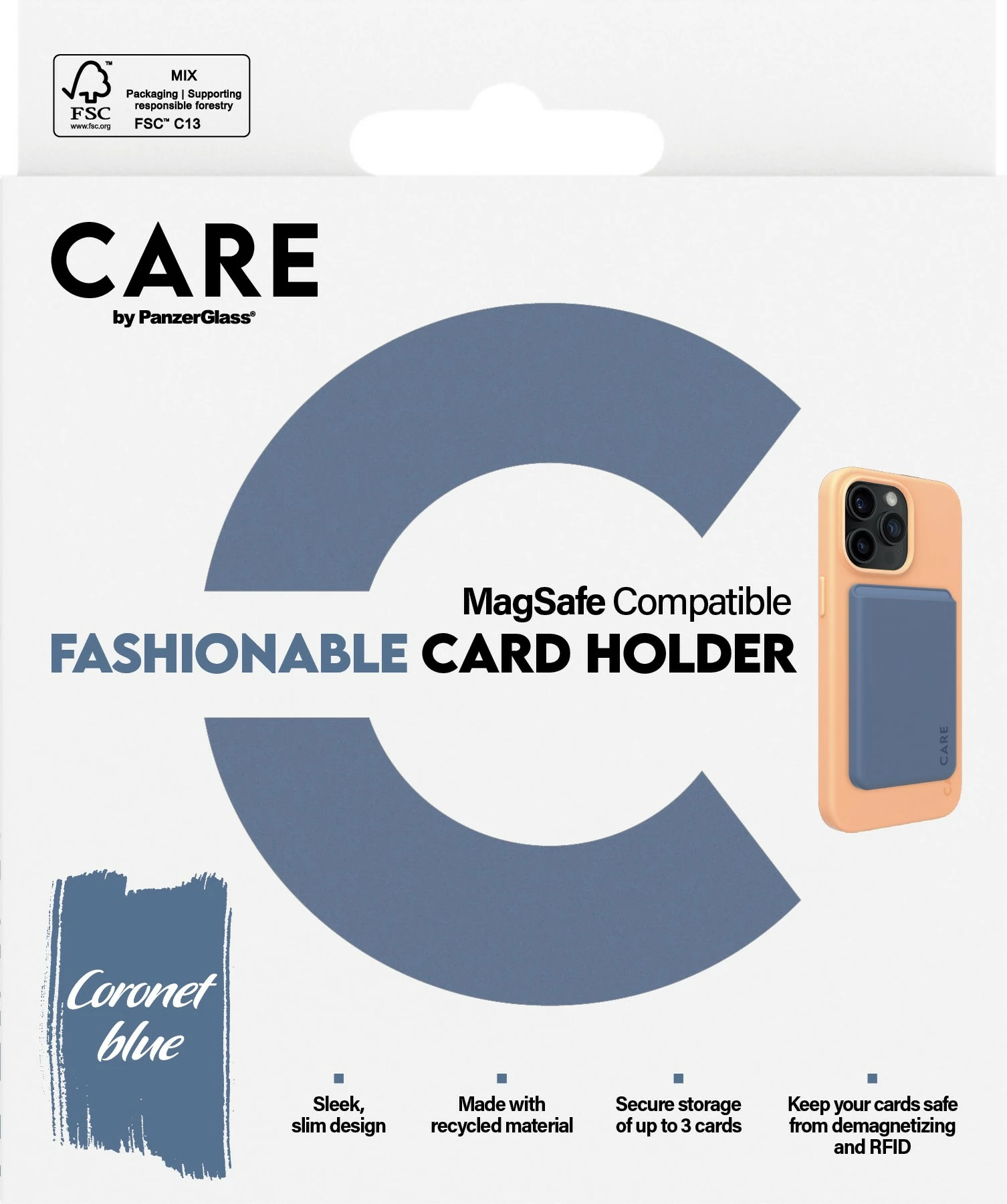 Mbështjellës kartelash PanzerGlass CARE, universal për iPhone, silikon, blu