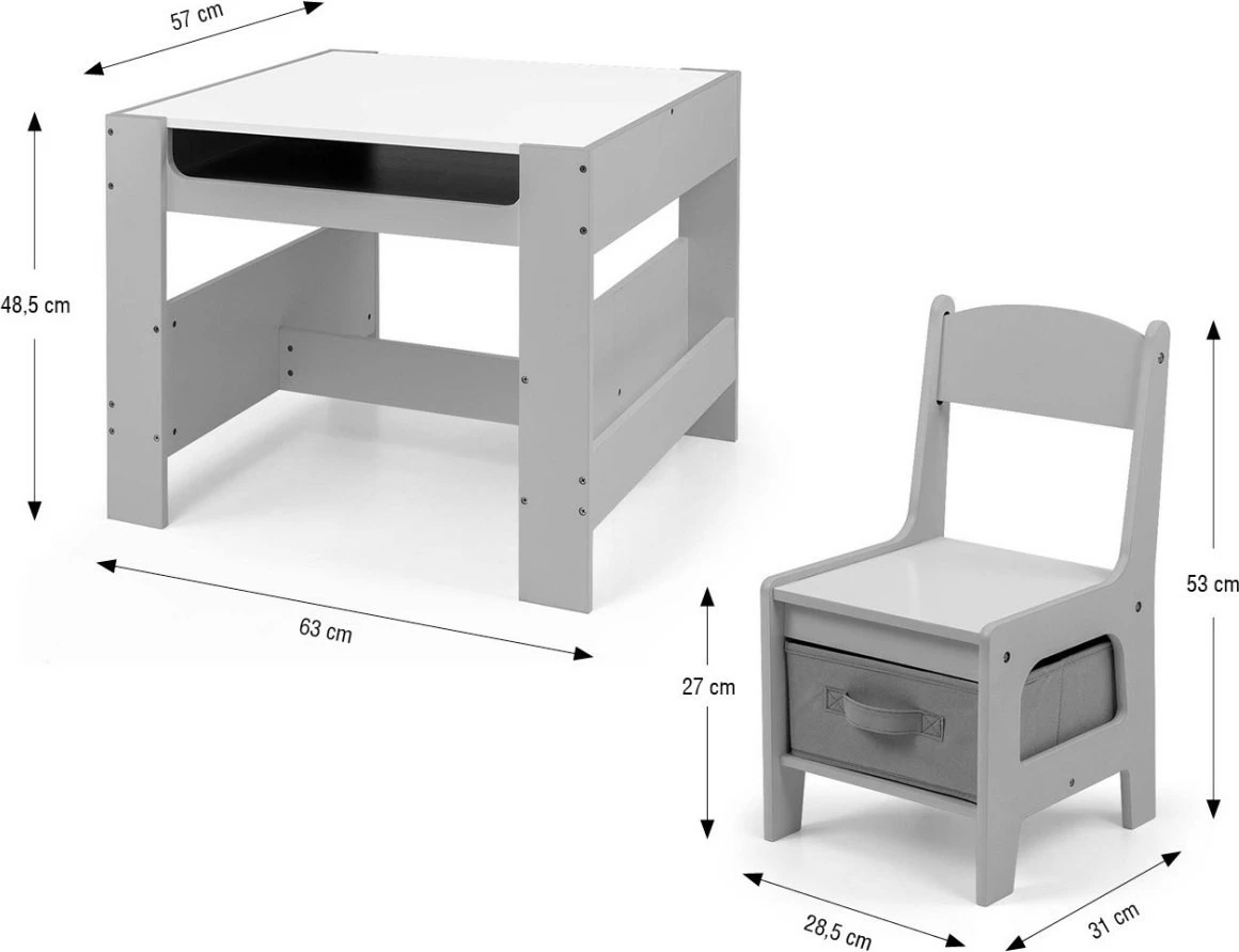 Set tavolinë me dy karrige për fëmijë Milly Mally Sven, MDF, gri/bardhë