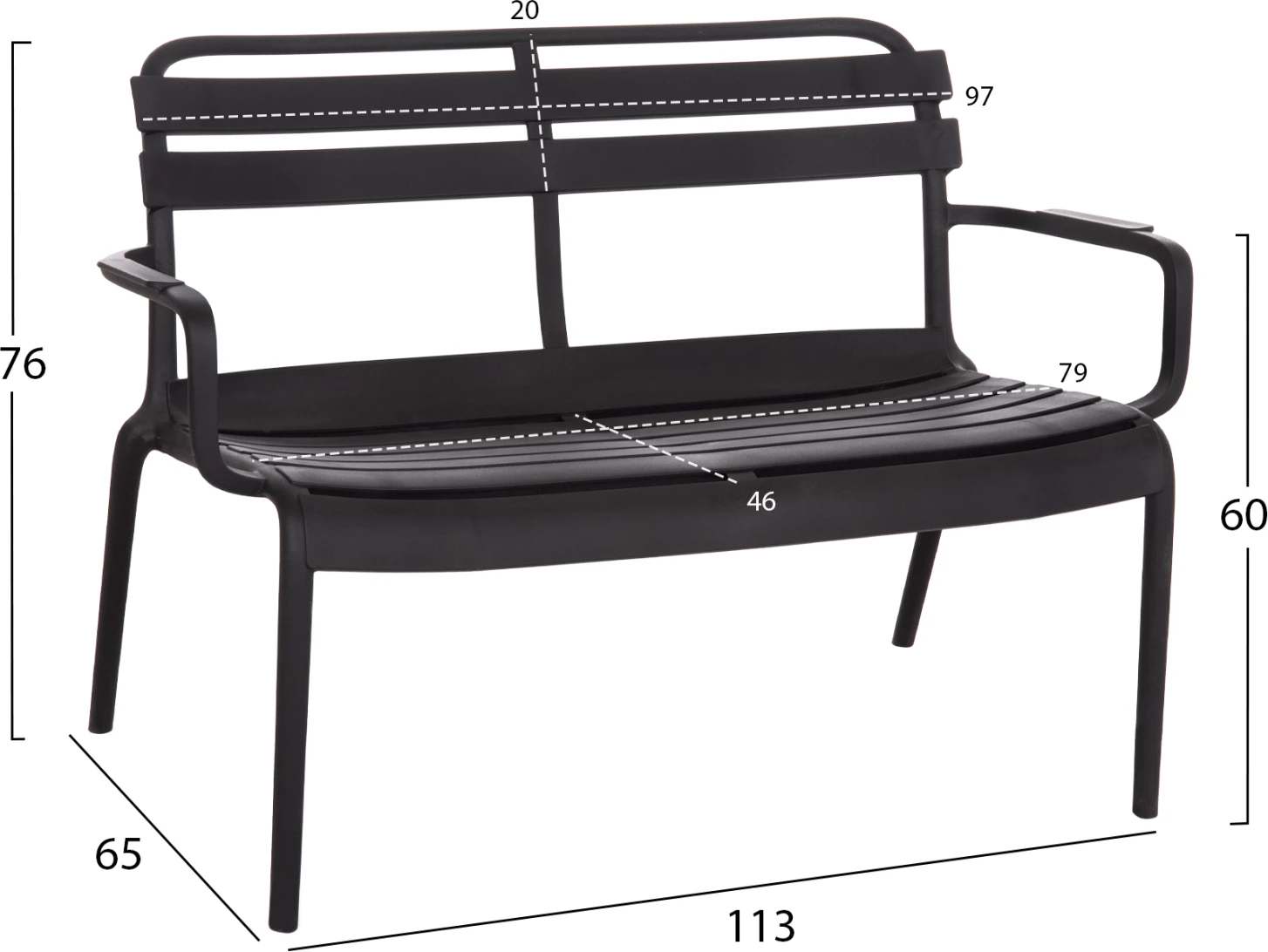 Stol dy vendësh polipropileni, i zi, KORVER FH6332.02, 113x65x76cm
