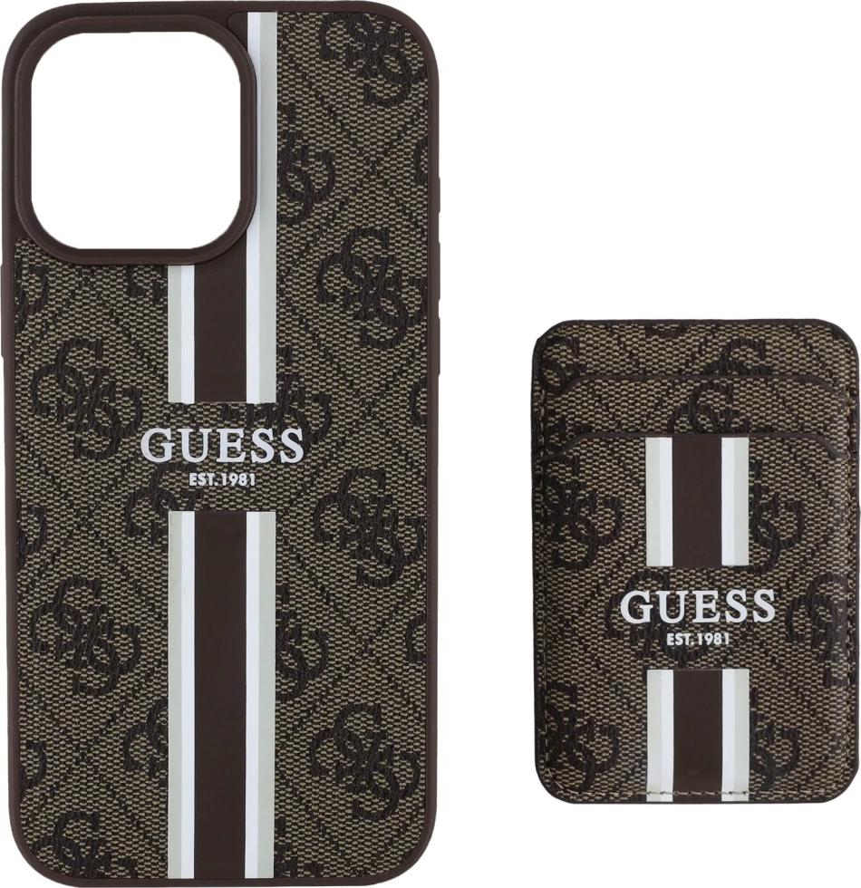 Mbështjellës Guess 4G Stripes me portofol MagSafe për iPhone 16 Pro Max, Kafe