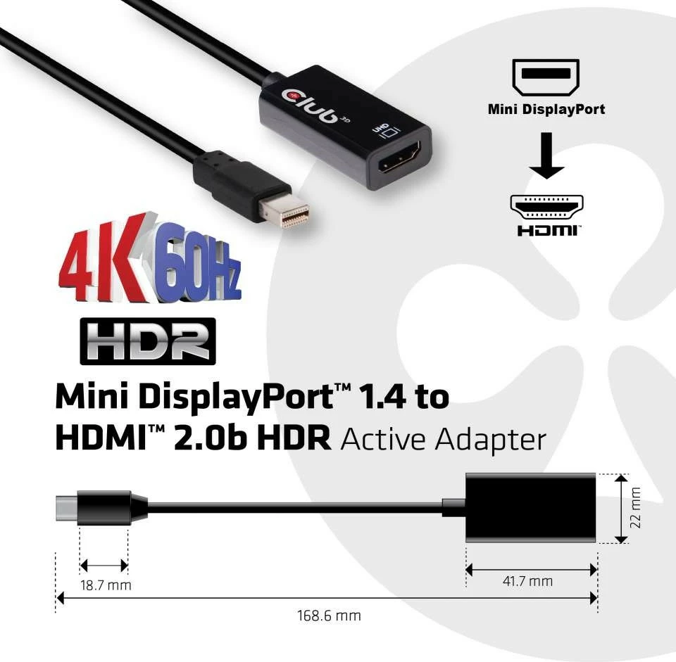 Adapter Club3D Mini DisplayPort në HDMI 2.0b HDR 4K60Hz, i zi