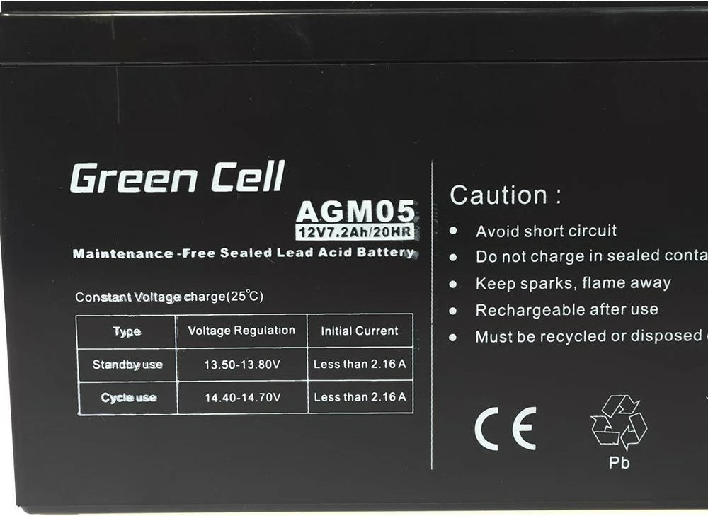 Bateri Green Cell AGM05, 12 V, 7.2 Ah, e zezë