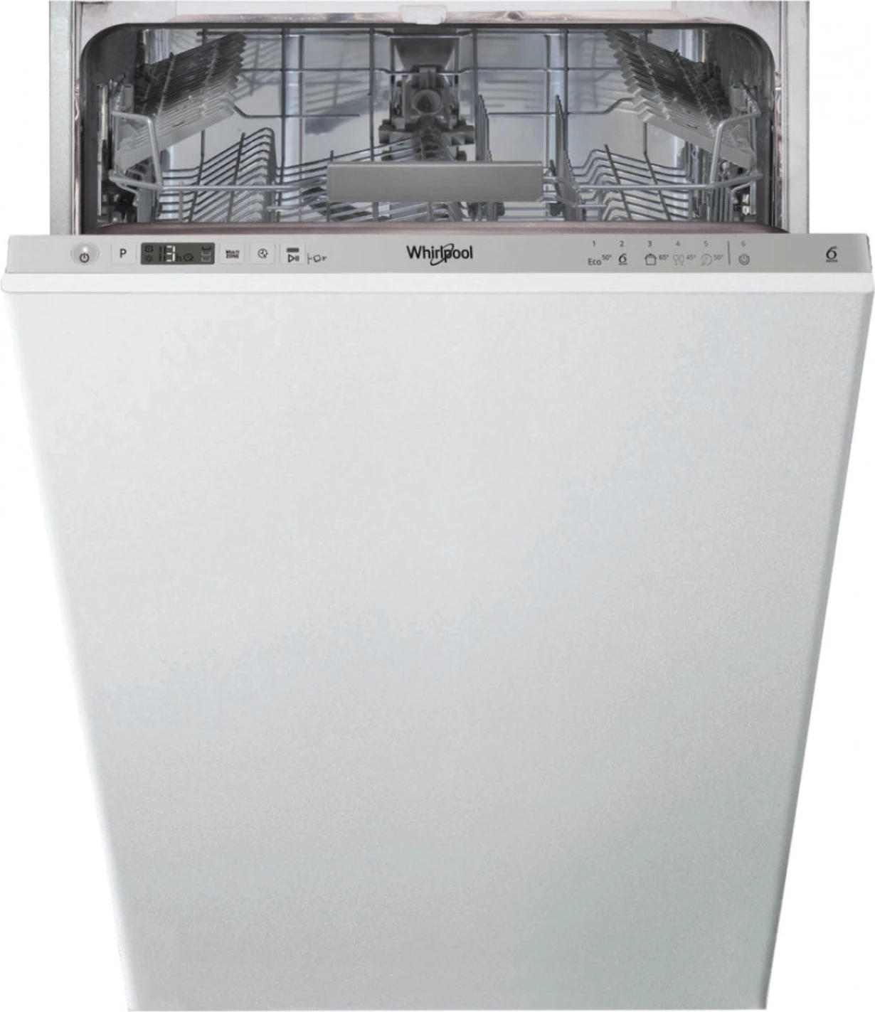 Enëlarëse e integruar plotësisht Whirlpool WSIC 3M27, 45 cm, 10 servise, klasa E, 6th Sense, FlexiSpace, argjendtë