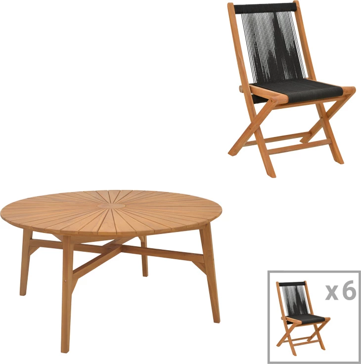 Tavolinë me karrige për terasë Banou-Colen, dru tik natyral, 7 copë, 150x75cm