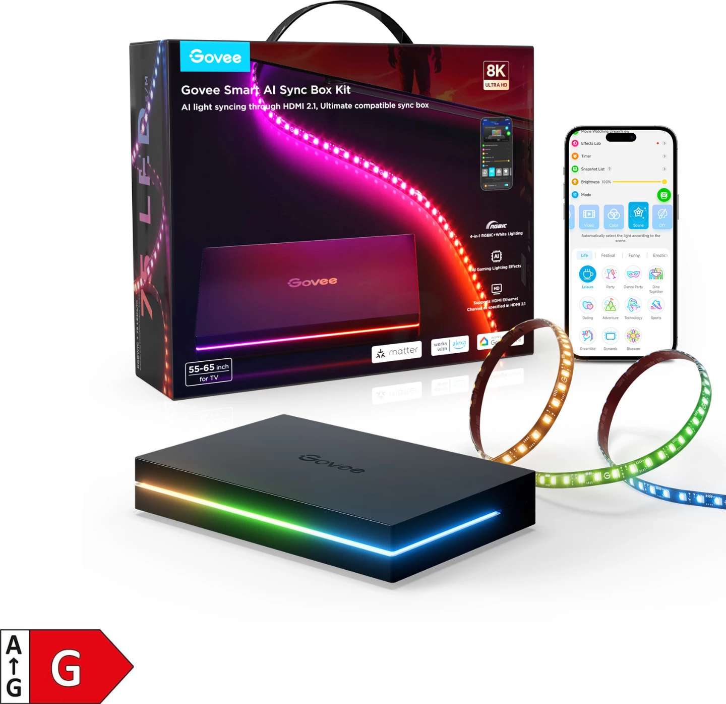 Sync box Govee Smart AI Sync Box Kit 2 për TV 55-65", HDMI 2.1 (8K/60Hz, 4K/144Hz), kit me shirit LED, e zezë