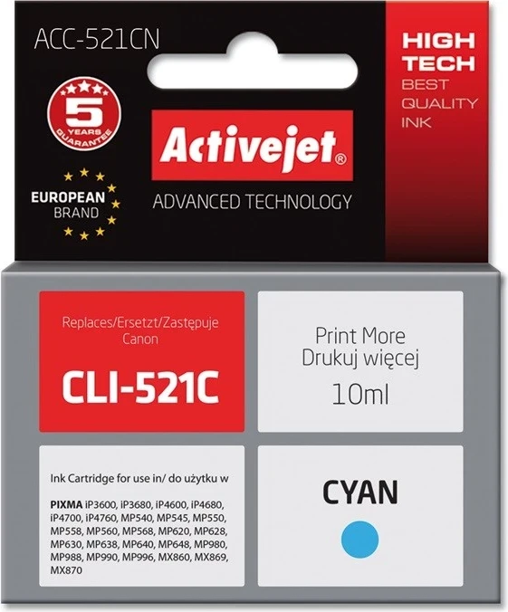 Ngjyrë zëvendësuese Activejet ACC-521CN për printer Canon, 10ml, e kaltër
