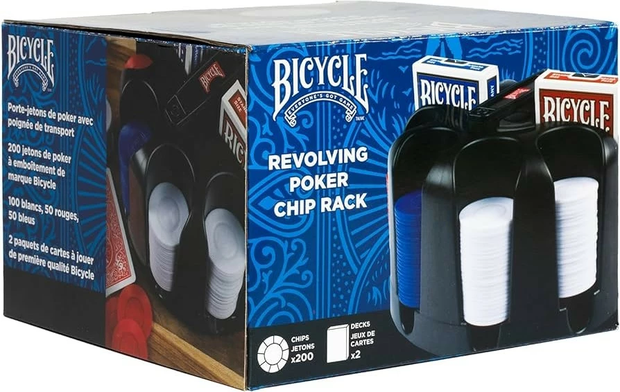 Set çipsash pokeri Bicycle me raft rrotullues, 200 copë, plastikë, kaltër/kuq/bardhë
