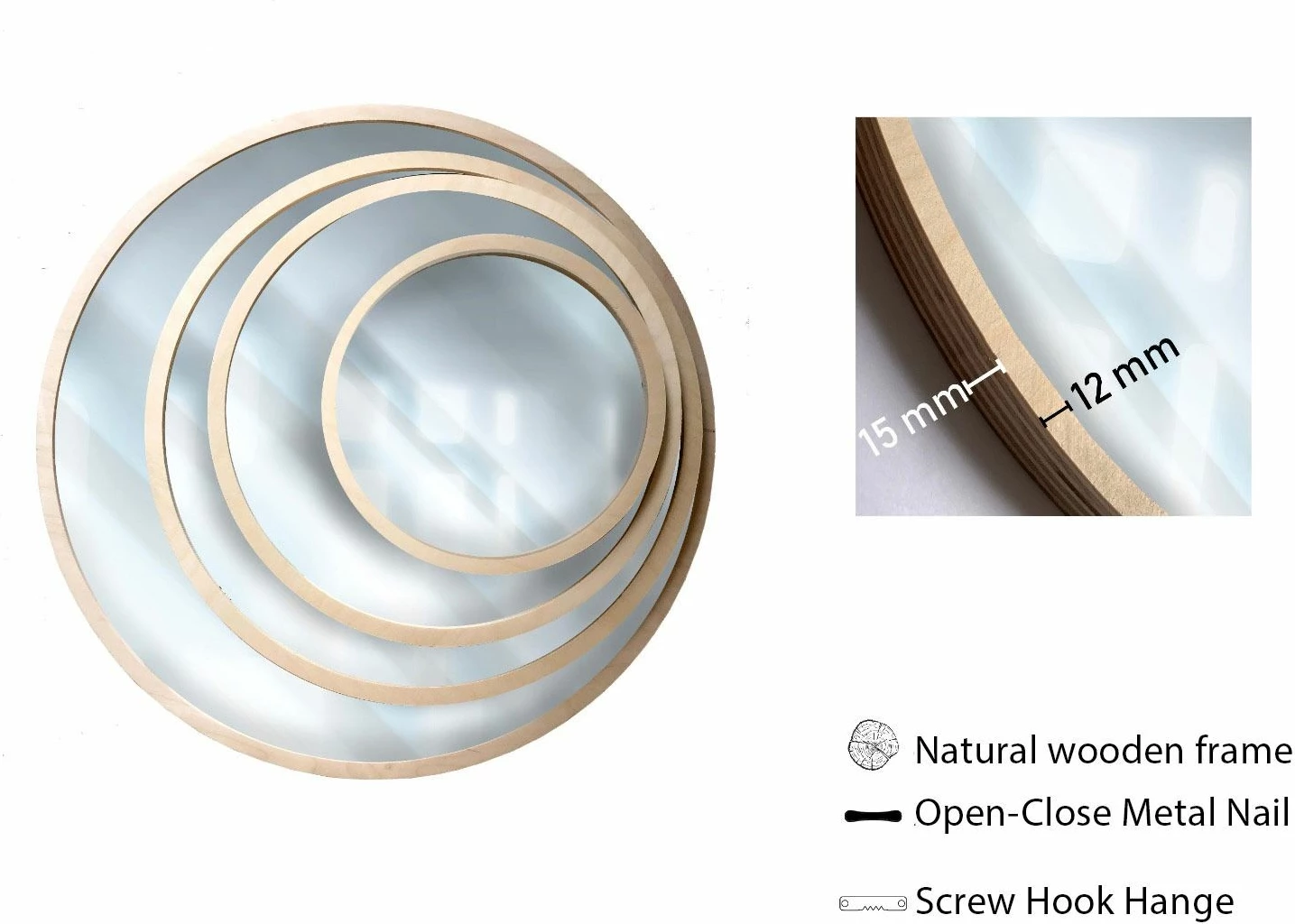 Set dekorativ me piktura MDF me kornizë dhe pasqyra (4 copë), Wallity, Roundmirrorset - 0003