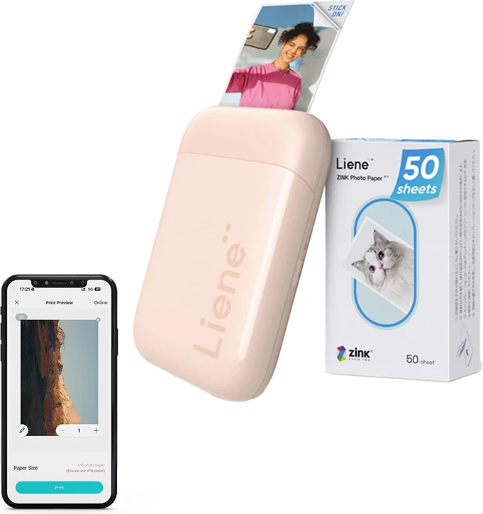 Printer foto portativ Liene Pearl KW001 2x3\" Zink, Bluetooth 5.0, USB-C, set me 50 fletë, rozë