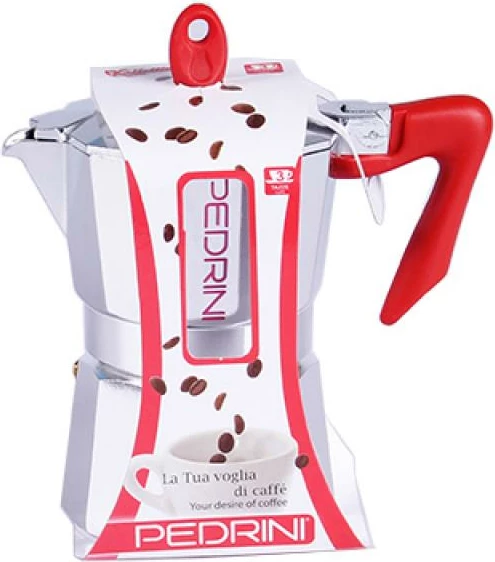 Aparat kafeje moka, Pedrini, 9083-0 (90830), 3 gota, alumin i lëmuar, argjendtë e kuqe