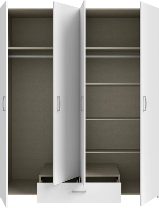 Dollap me katër dyer, Generiale,, melaminë, i bardhë, me 3 rafte gri, 159x54.5x190.5cm