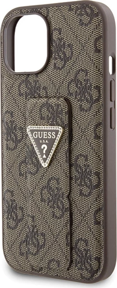Mbështjellës Guess Grip Stand 4G Triangle Strass për iPhone 15, Kafe