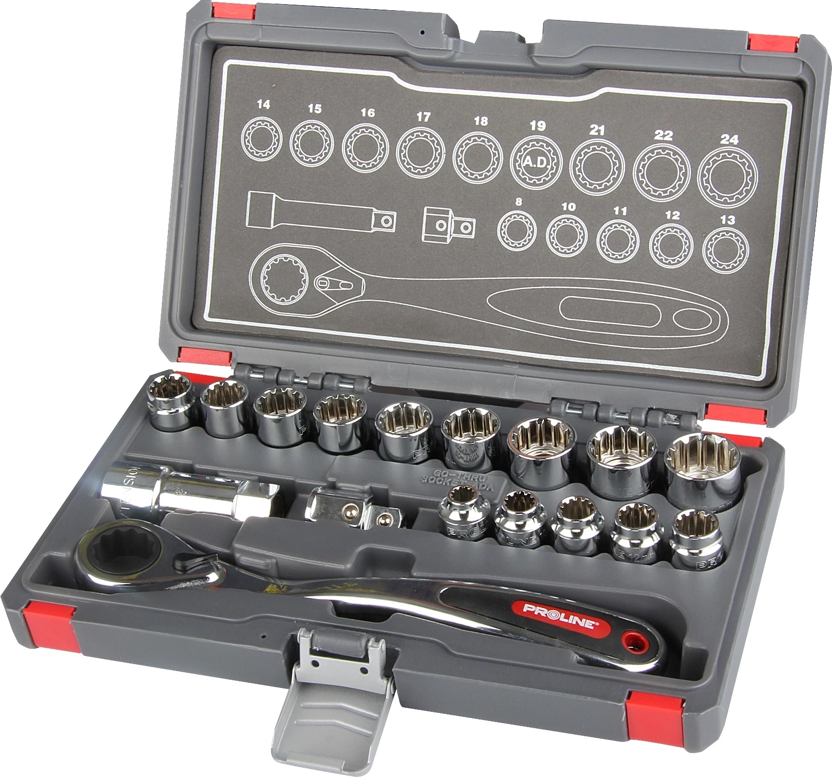 Set çelësa soket PROLINE 58717, ratchet 72-dhëmbësh, çelik krom-vanadium, 17 copë