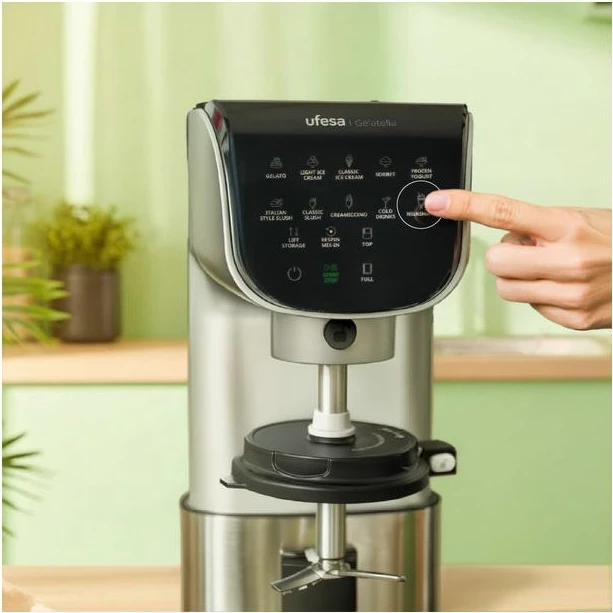 Aparat për akullore UFESA Gelatella 500 W 1.4 L, 2x700 ml tasa Tritan, inox/argjendtë