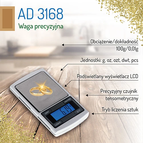 Peshore precize, Adler AD 3168, 100 g / 0.01 g, ekran LCD me ndriçim, numërim copash