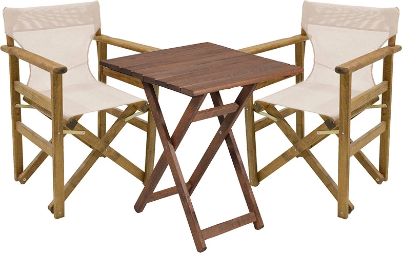 Set tavoline me karrige Retto, 3 pjesë, dru ahu, ngjyrë arre, pëlhurë bezhë-bardhë, 60x60x71cm