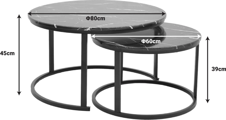 Set tavolinash kafeje Revelon, pamje mermeri të zi, këmbë të zeza, 80x80x45cm, set prej 2 copësh