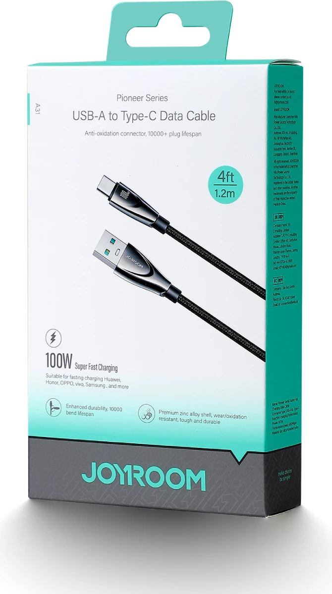 Kabllo karikimi dhe të dhënash Joyroom Pioneer Series SA31-AC6, USB-A në USB-C, 1.2m, 100W, e zezë