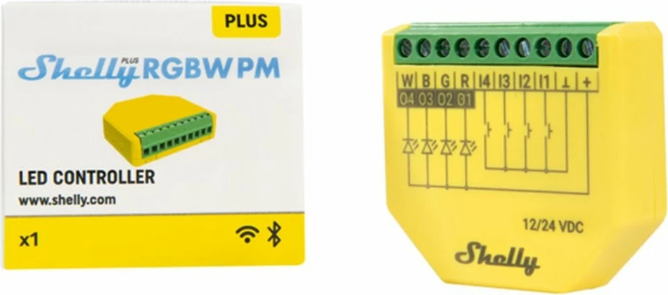 Kontroller RGBW Shelly Plus, Wireless, Wi-Fi, 4 kanale, Gjelbër, Verdhë