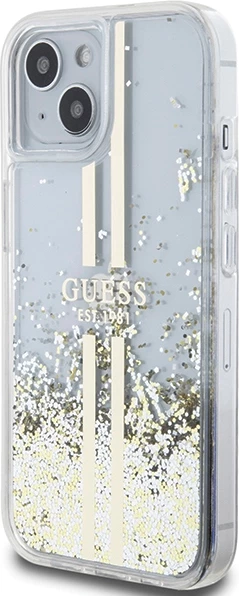 Mbështjellës Guess Liquid Glitter Gold Stripes për iPhone 15 Plus / 14 Plus, Transparent
