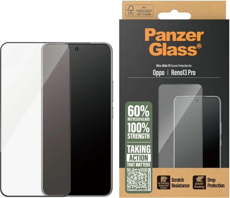 Xham mbrojtës PanzerGlass Ultra-Wide Fit për Oppo Reno13 Pro, me kornizë të zezë