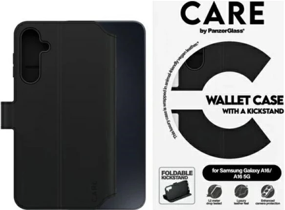 Mbështjellës PanzerGlass CARE Feature Kickstand Wallet Case për Samsung Galaxy A16 / A16 5G, e zezë